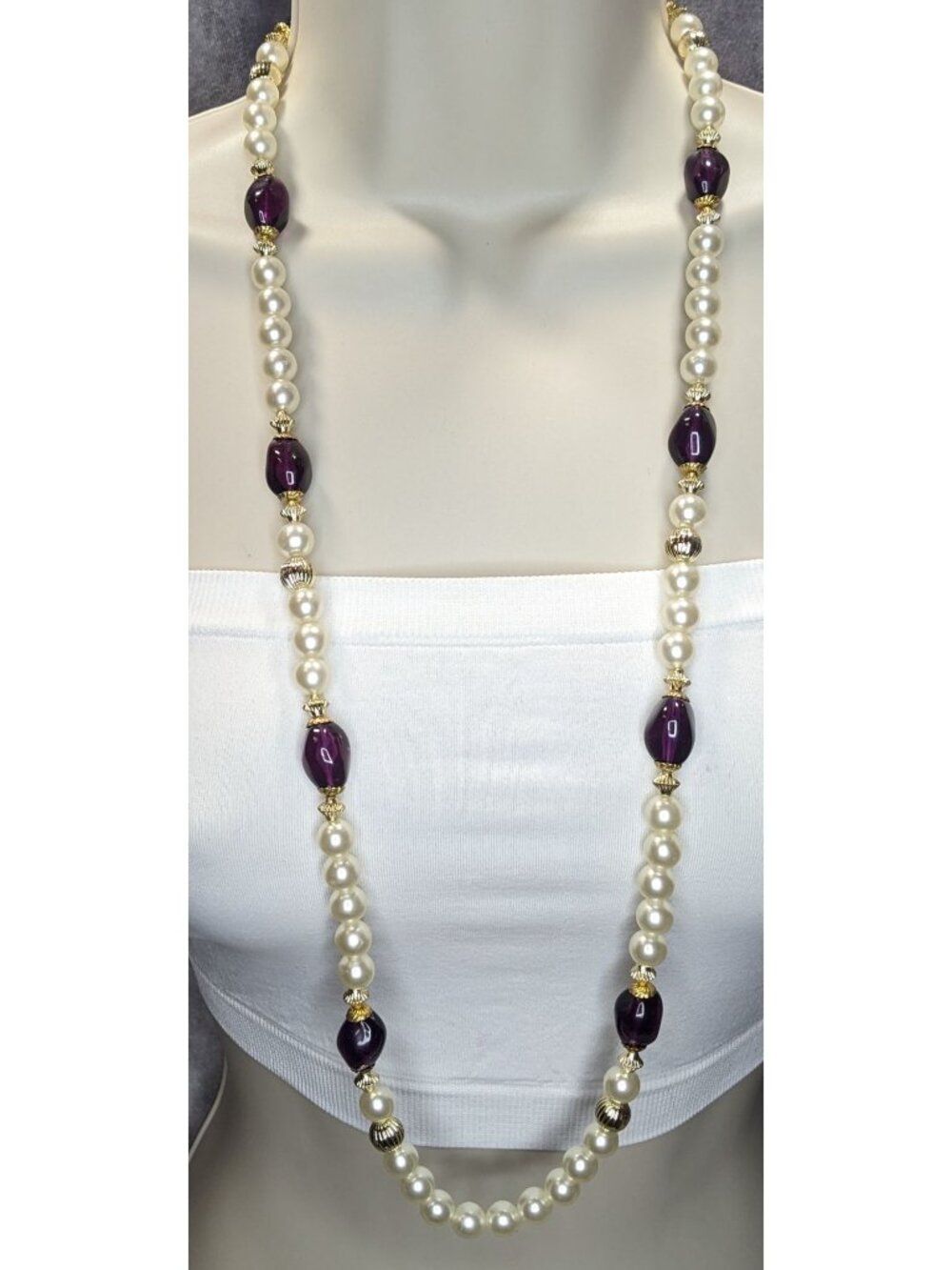 Vintage Glam Faux Pearl & Purple Lucite Beaded Necklace With Gold Tone Accents